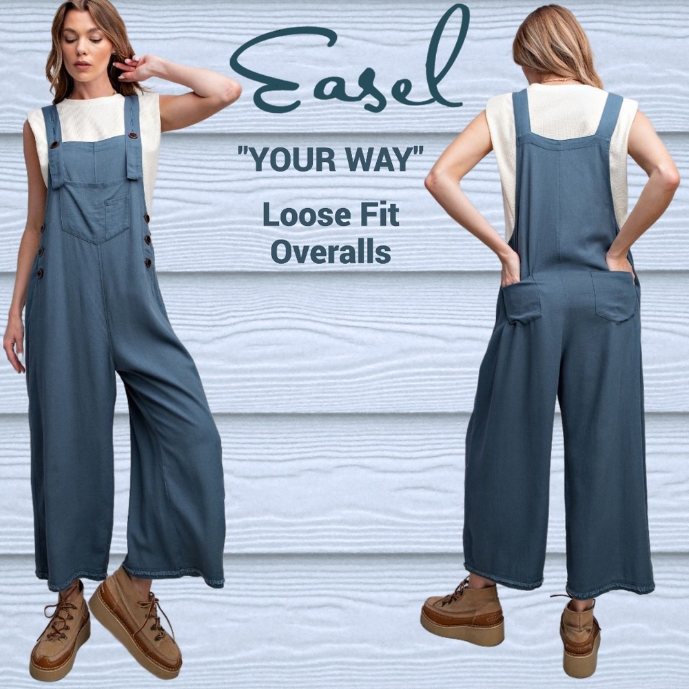EASEL “Your Way” Linen-Look Loose Fit Adjustable Overalls Pockets Button Closure